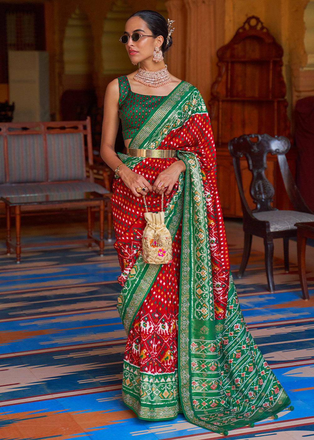 Red & Green Printed Patola Silk Saree with Tassels on Pallu | Stitched Blouse - qivii