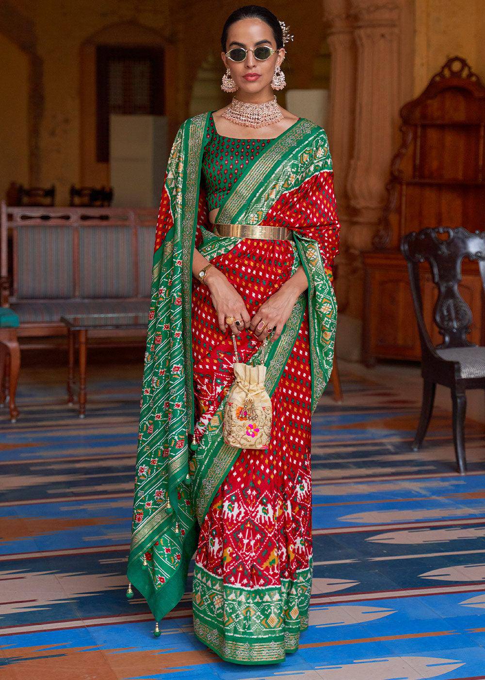 Red & Green Printed Patola Silk Saree with Tassels on Pallu | Stitched Blouse - qivii