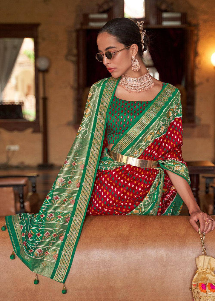 Red & Green Printed Patola Silk Saree with Tassels on Pallu | Stitched Blouse - qivii