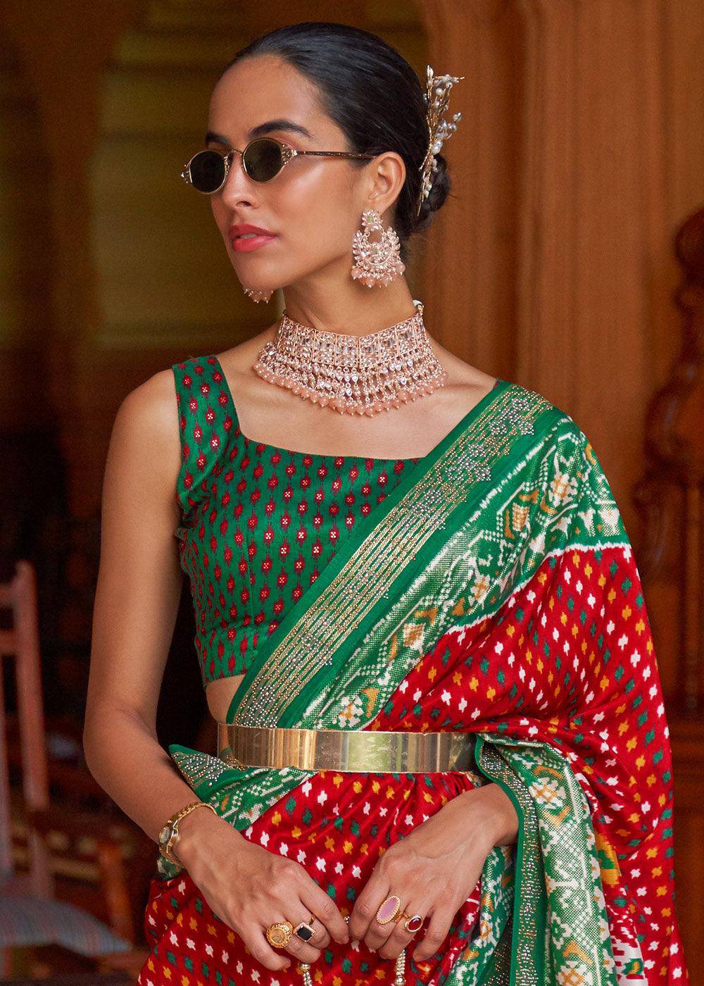 Red & Green Printed Patola Silk Saree with Tassels on Pallu | Stitched Blouse - qivii