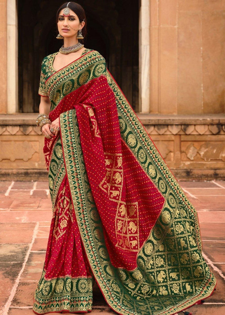 Red & Green Woven Dola Silk Saree Having Khatli work on Border & Blouse | Stitched Blouse - qivii