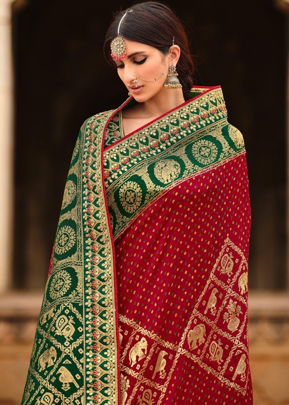 Red & Green Woven Dola Silk Saree Having Khatli work on Border & Blouse | Stitched Blouse - qivii