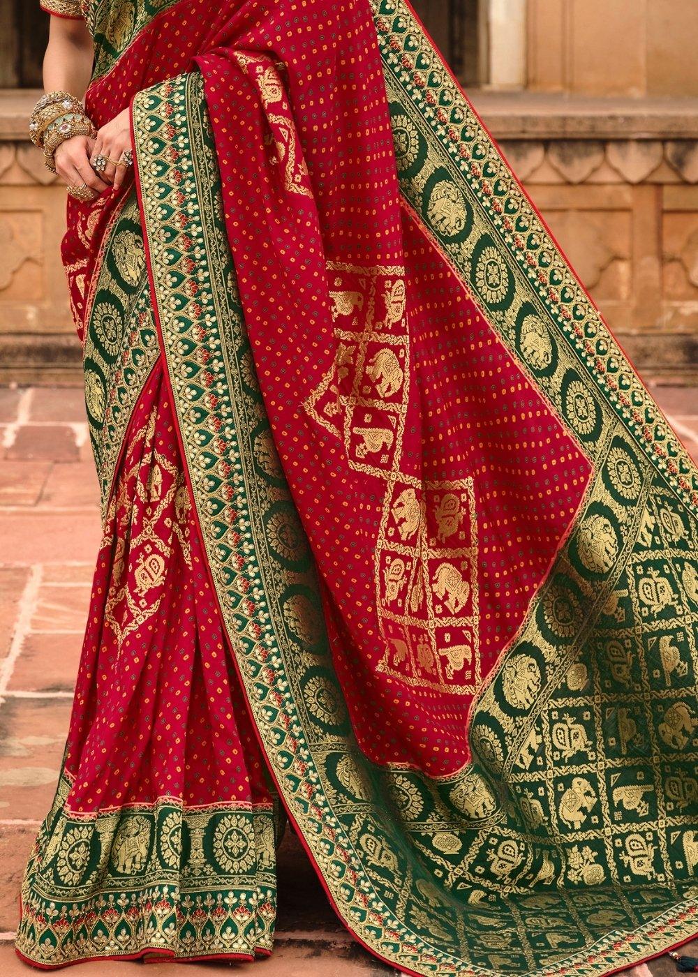 Red & Green Woven Dola Silk Saree Having Khatli work on Border & Blouse | Stitched Blouse - qivii