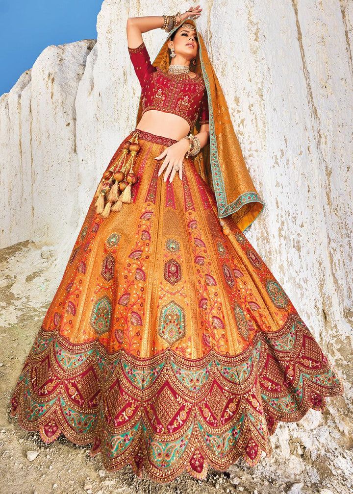 Red & Orange Banarasi Jacquard Silk Lehengas with Cut Work & Hand Work Embroidery - qivii