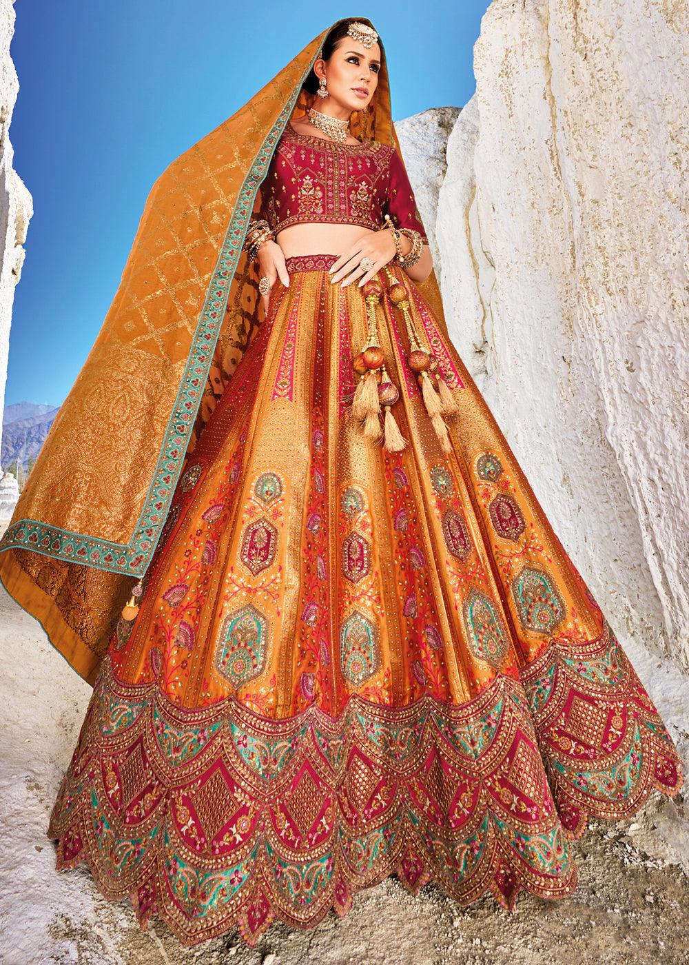 Red & Orange Banarasi Jacquard Silk Lehengas with Cut Work & Hand Work Embroidery - qivii