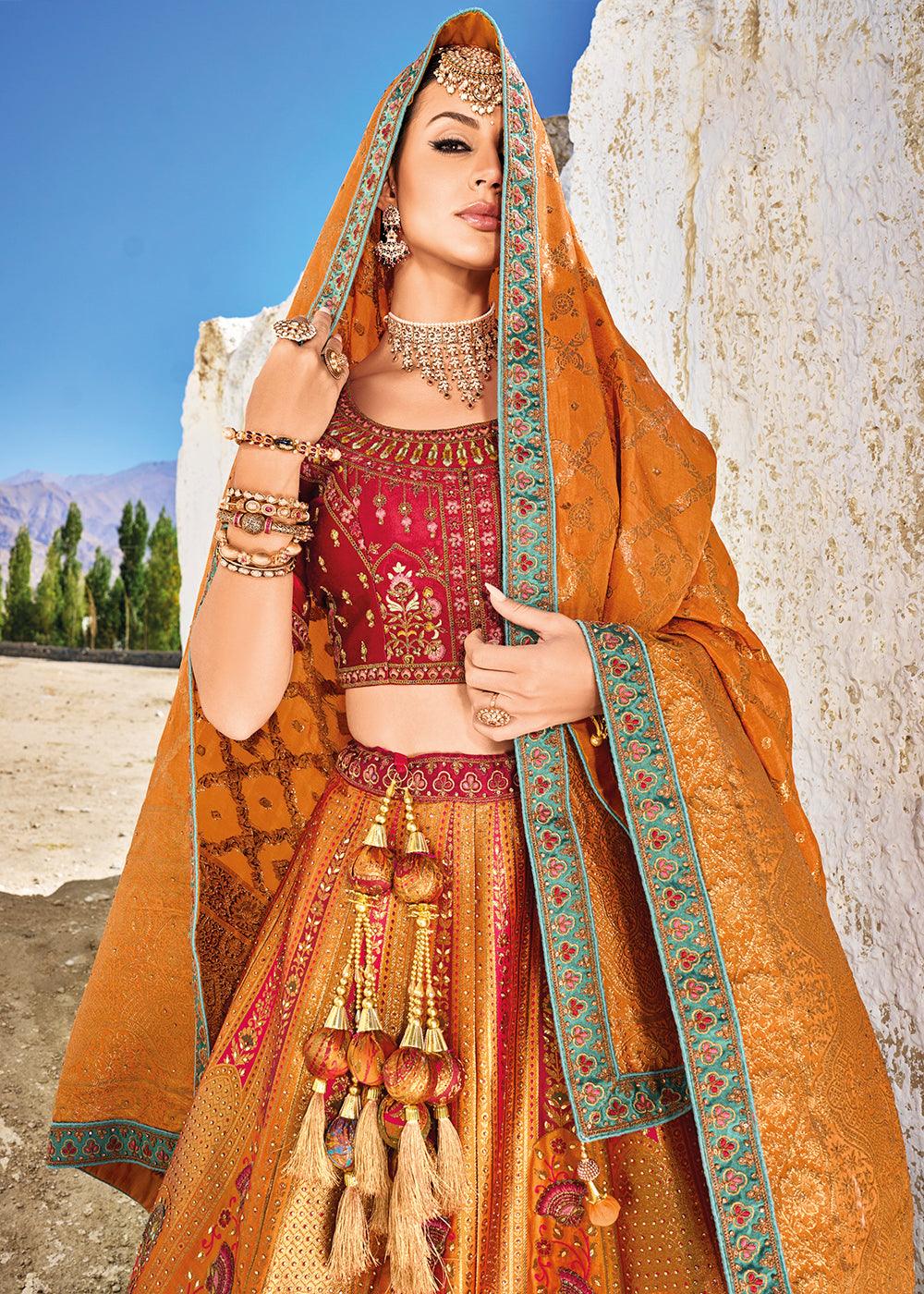 Red & Orange Banarasi Jacquard Silk Lehengas with Cut Work & Hand Work Embroidery - qivii