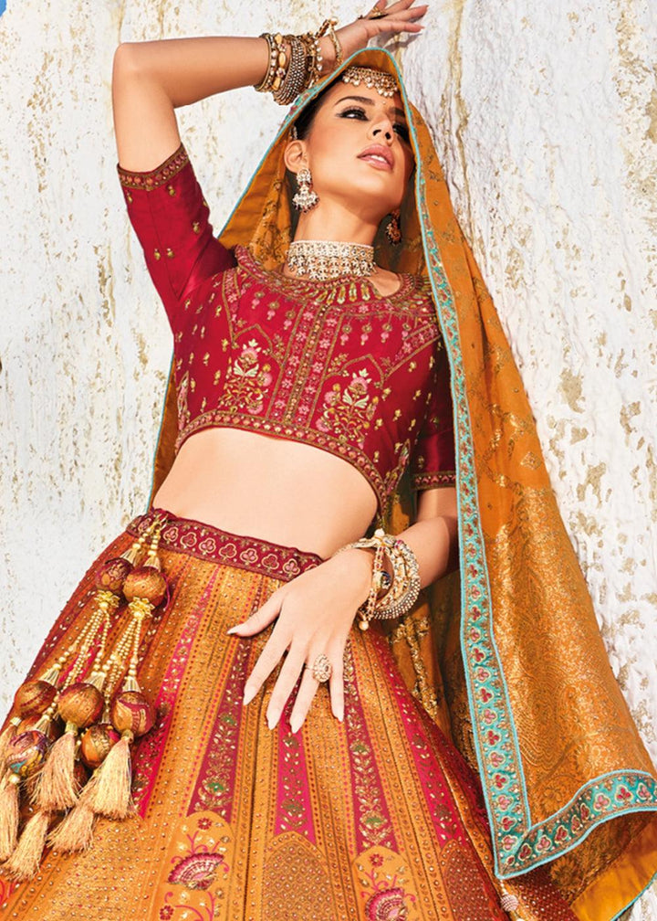 Red & Orange Banarasi Jacquard Silk Lehengas with Cut Work & Hand Work Embroidery - qivii