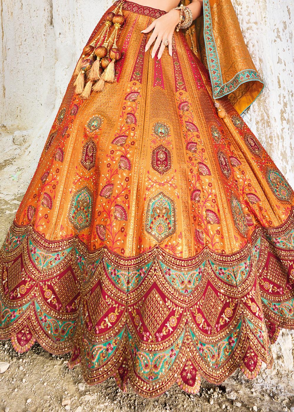 Red & Orange Banarasi Jacquard Silk Lehengas with Cut Work & Hand Work Embroidery - qivii