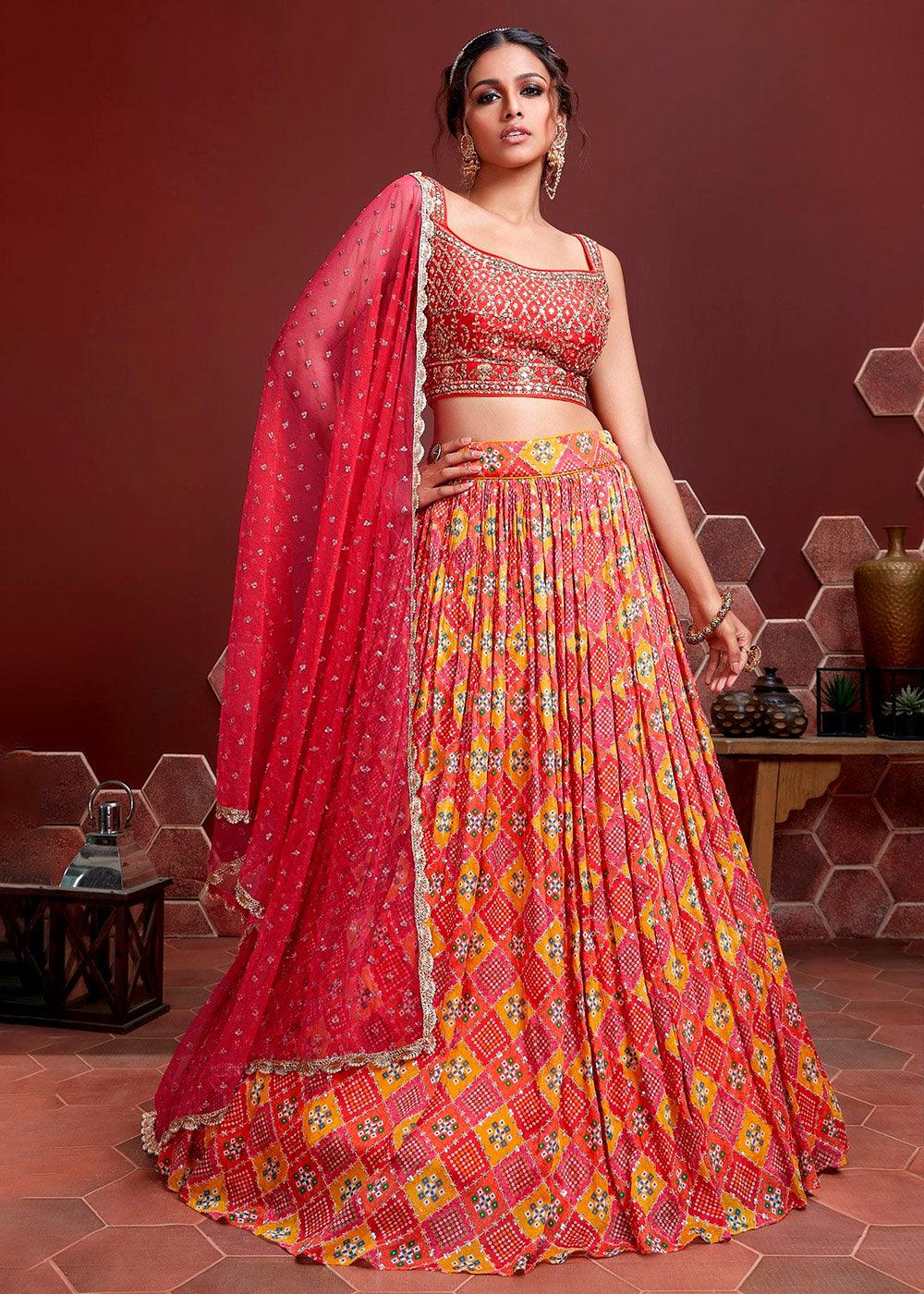 Red & Orange Bandhani Printed Chinon Silk Lehenga Choli with Embroidery & Mirror work - qivii