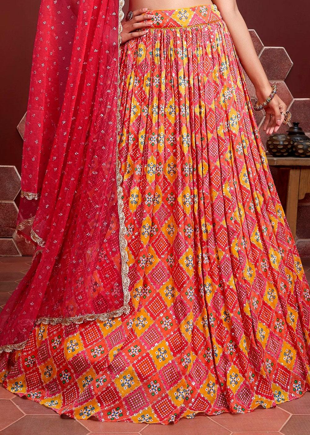 Red & Orange Bandhani Printed Chinon Silk Lehenga Choli with Embroidery & Mirror work - qivii