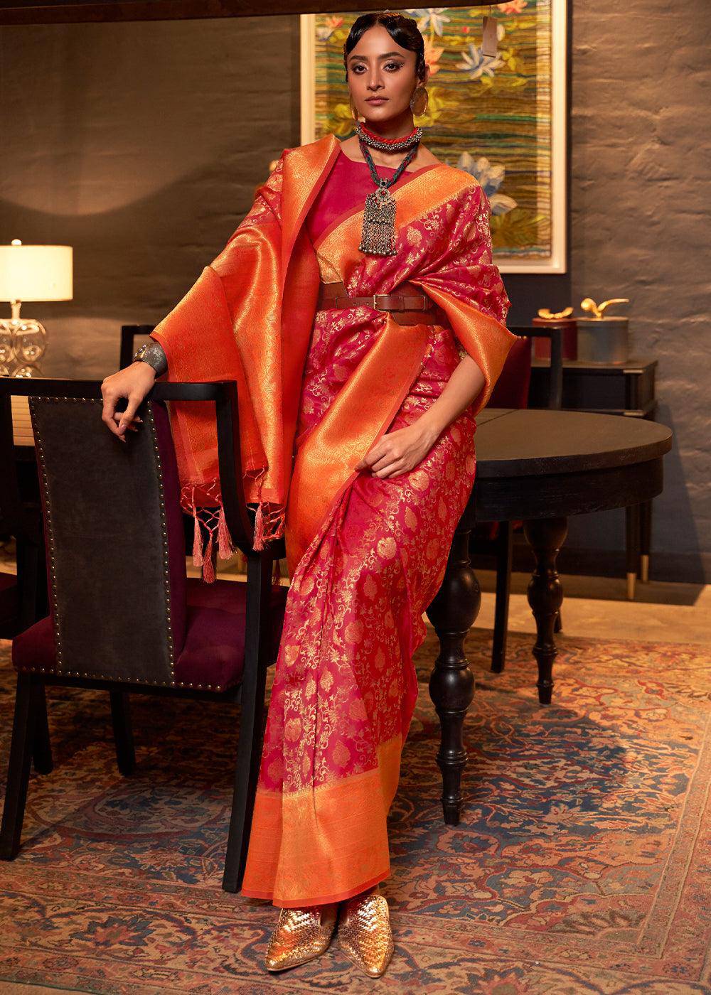 Red & Orange Zari Woven Soft Silk Saree | Stitched Blouse - qivii