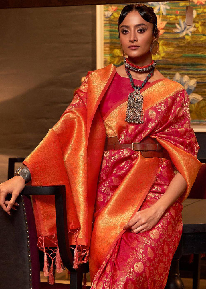 Red & Orange Zari Woven Soft Silk Saree | Stitched Blouse - qivii