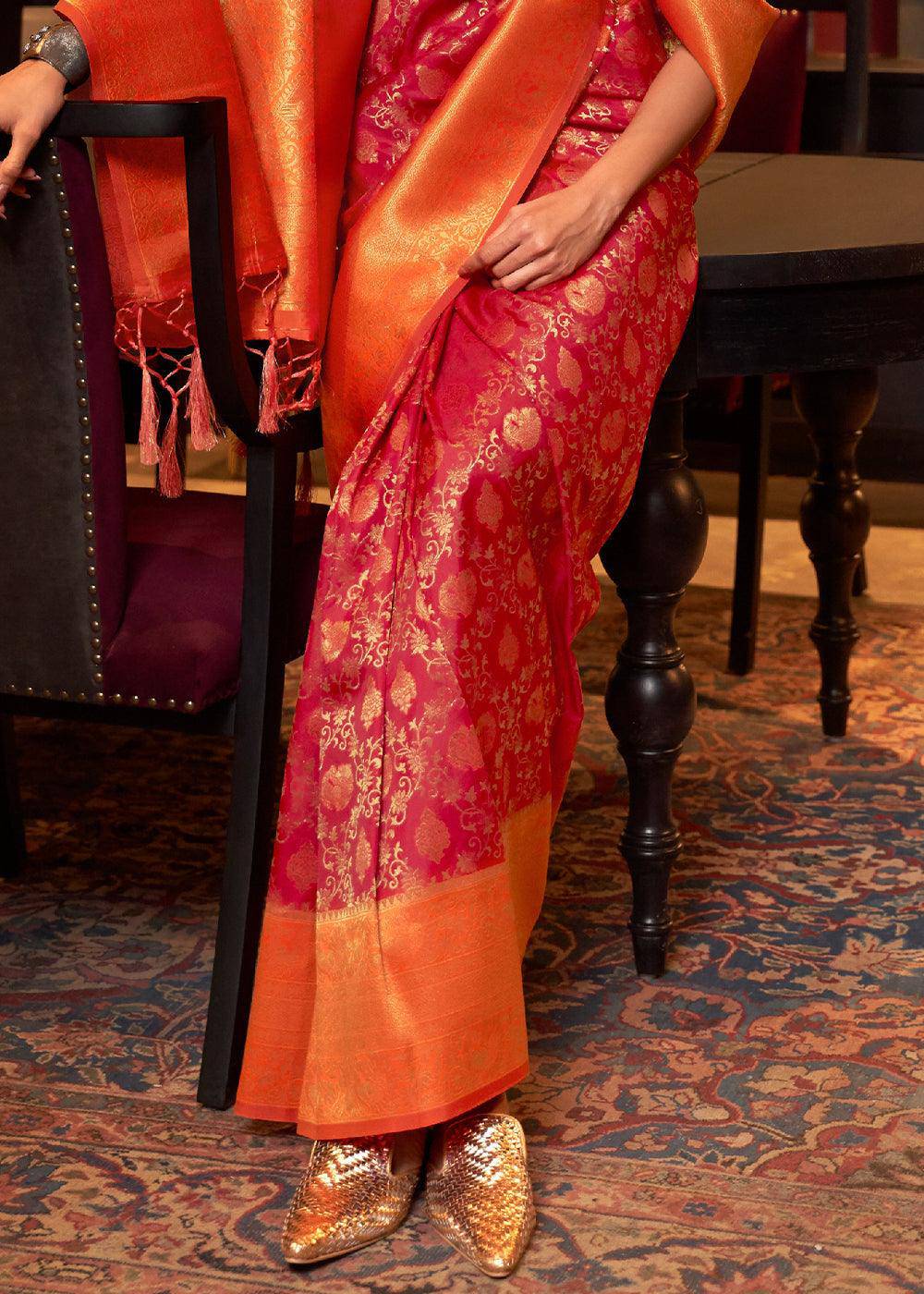 Red & Orange Zari Woven Soft Silk Saree | Stitched Blouse - qivii