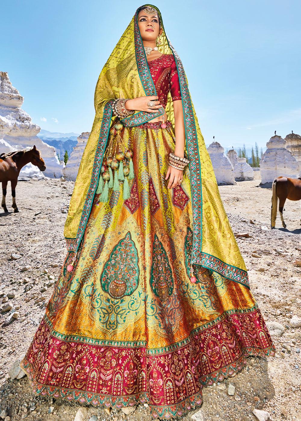 Red & Yellow Banarasi Jacquard Silk Lehengas with Cut Work & Hand Work Embroidery - qivii