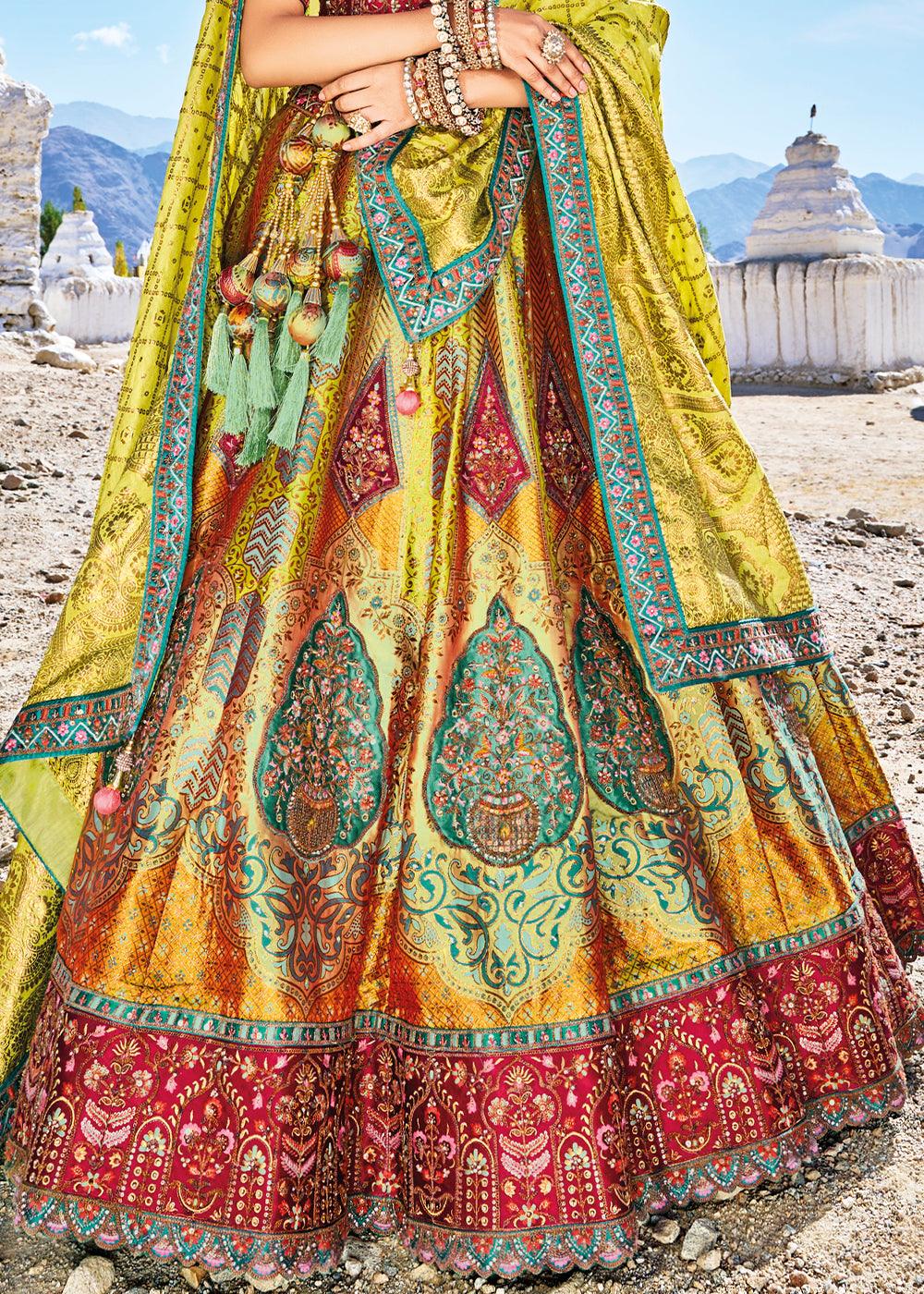 Red & Yellow Banarasi Jacquard Silk Lehengas with Cut Work & Hand Work Embroidery - qivii