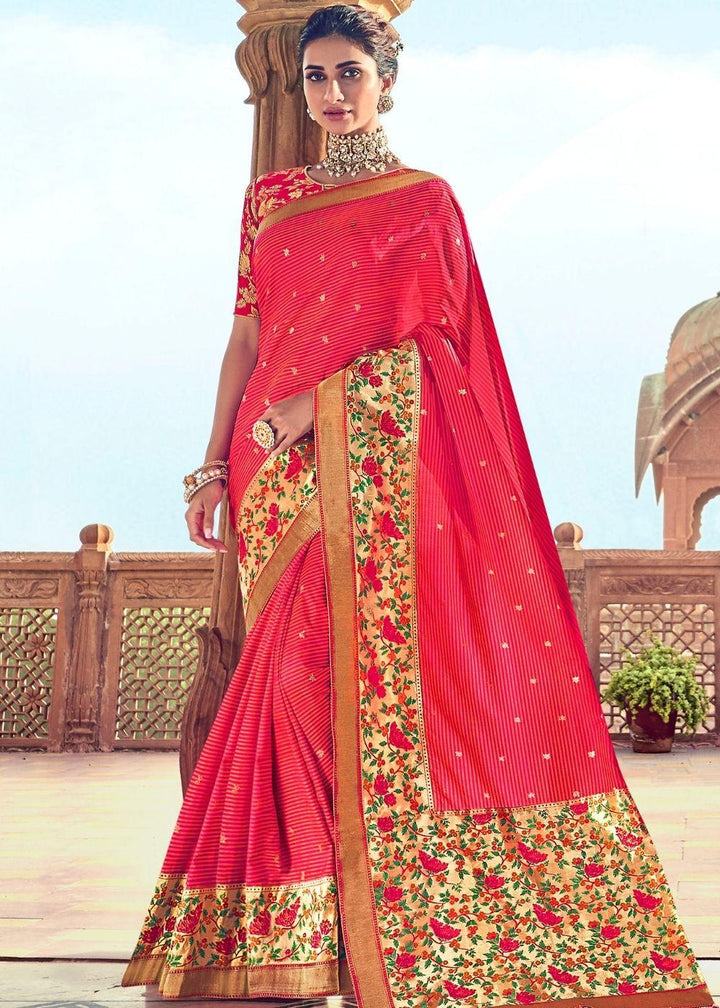 Red Banarasi Silk Saree with Thread Embroidery | Stitched Blouse - qivii