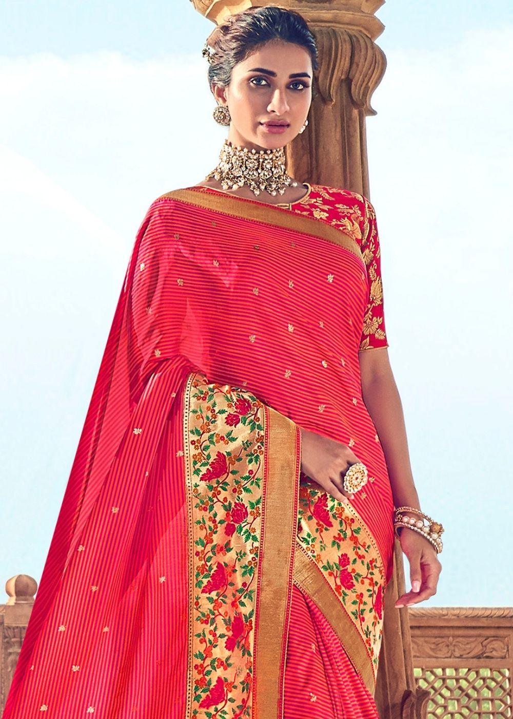 Red Banarasi Silk Saree with Thread Embroidery | Stitched Blouse - qivii