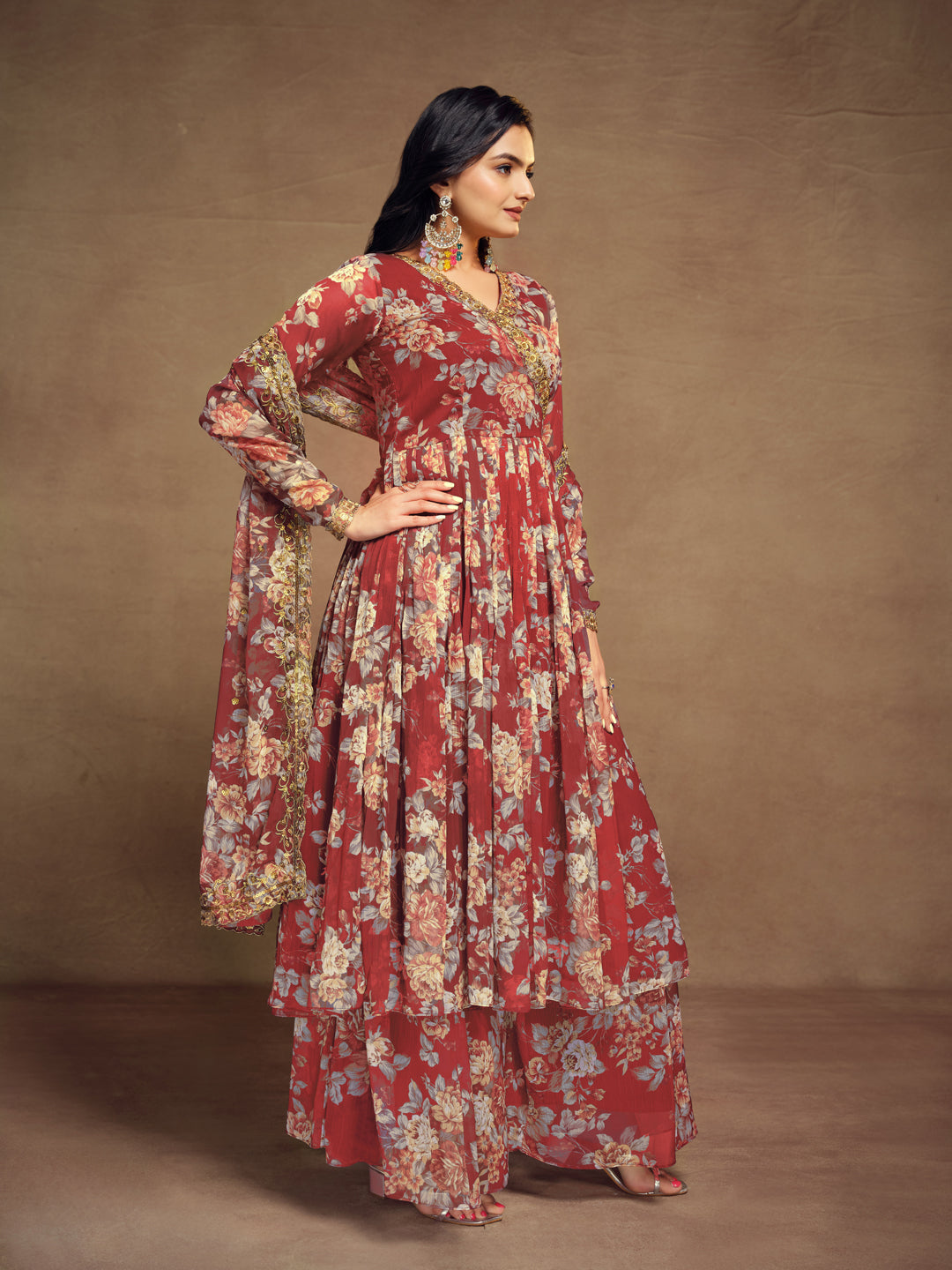 Stunning red chiffon angrakha palazzo suit with matching dupatta by Qivii, perfect for festive occasions and celebrations