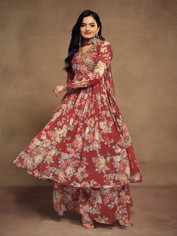 Red chiffon angrakha palazzo suit with dupatta by Qivii, a stunning traditional outfit with intricate embroidery and flowing fabric, perfect for special occasions and events