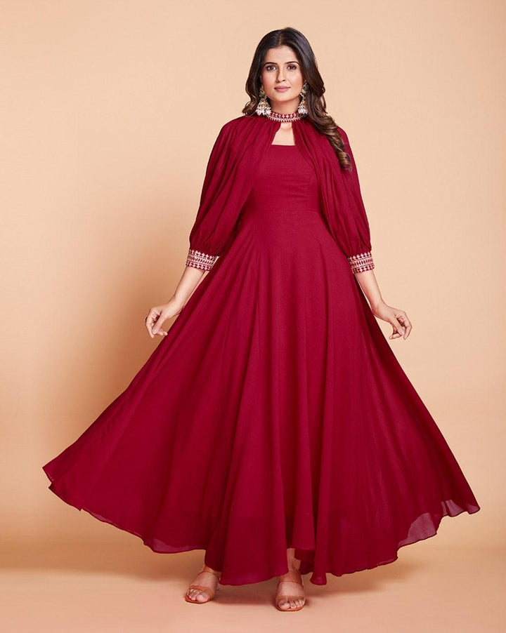 Red color georgette gown with add on sleeves by Qivii, perfect for formal events and special occasions