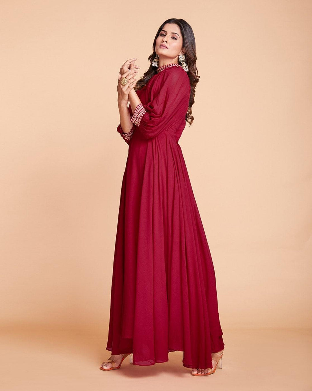 Red Color Georgette Gown with Add On Sleeves by Qivii, front view, showcasing intricate embroidery and flowing silhouette