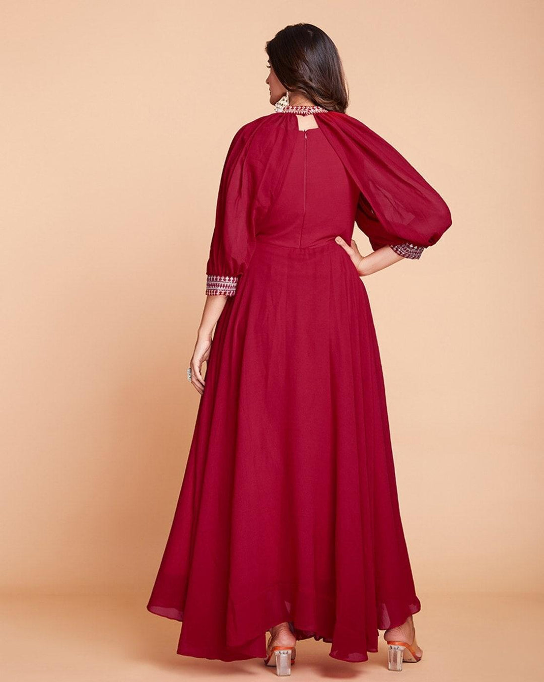 Red color georgette gown with elegant add-on sleeves by Qivii, perfect for formal events and special occasions