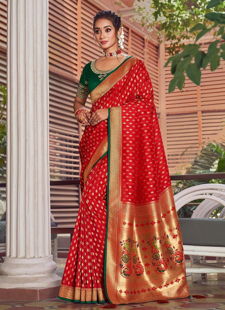 Red Color Silk Fabric Silk Weave Work Half And Half Saree  - By Kreeva