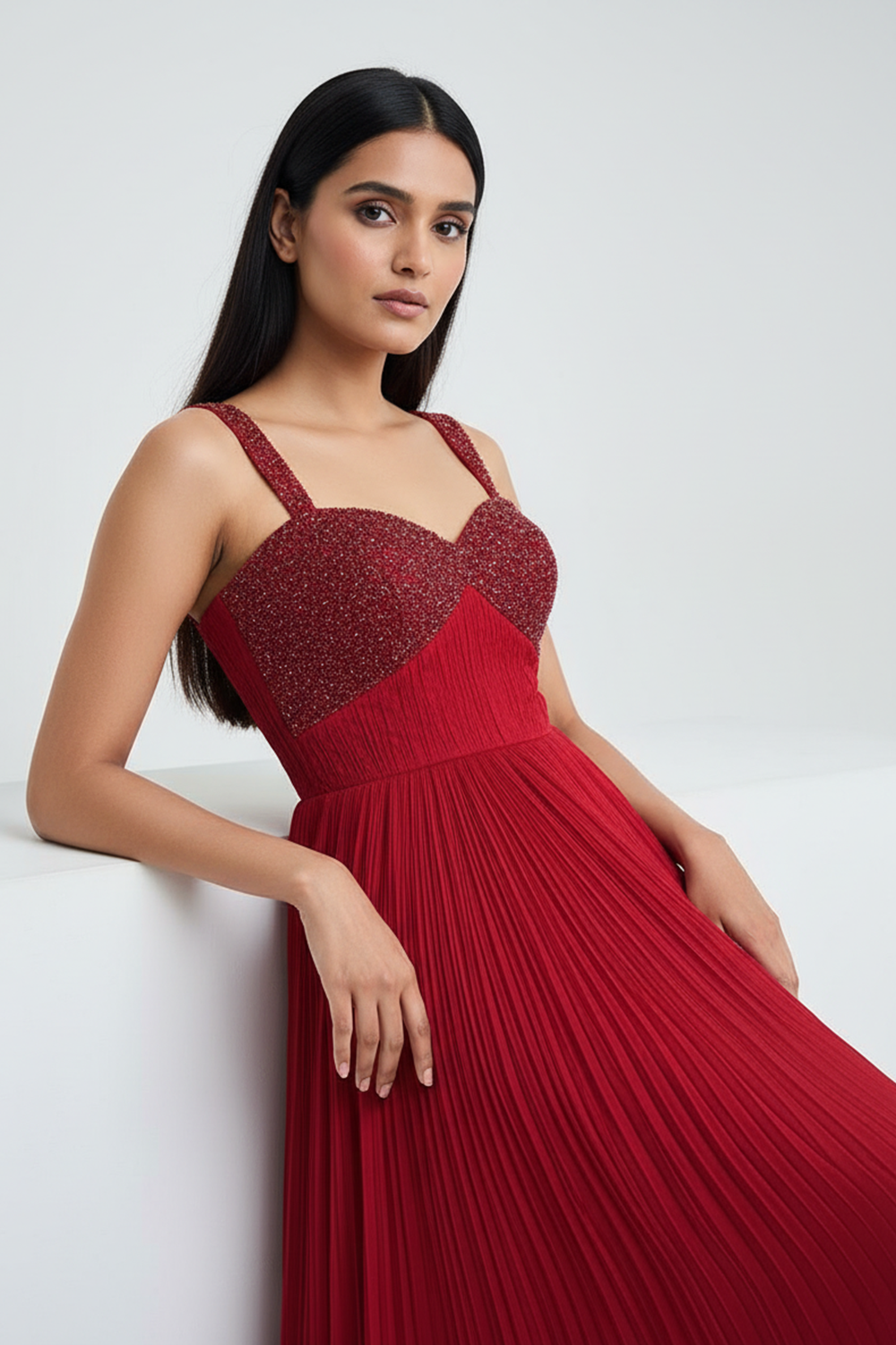 Red Embellished Pleated Gown