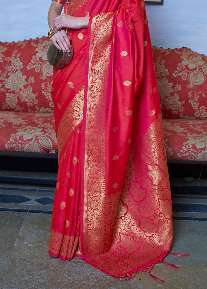 Red Pink Dual Tone Zari Woven Banarasi Silk Saree - qivii