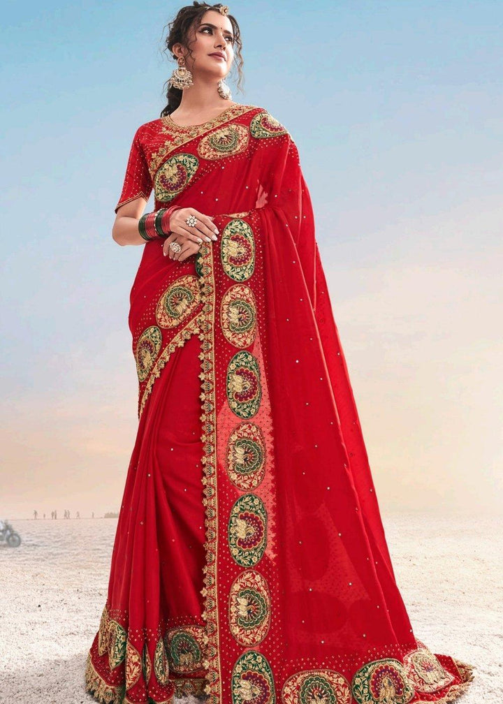 Red Pure Satin Saree with Jari, Moti, Cut-Dana and Crystal work | Stitched Blouse - qivii