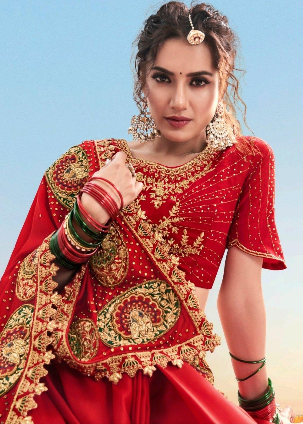 Red Pure Satin Saree with Jari, Moti, Cut-Dana and Crystal work | Stitched Blouse - qivii