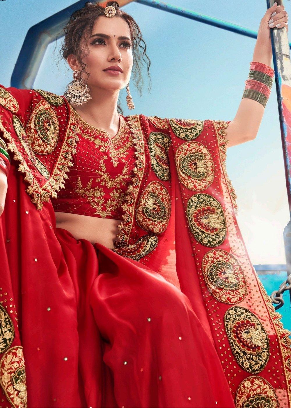 Red Pure Satin Saree with Jari, Moti, Cut-Dana and Crystal work | Stitched Blouse - qivii