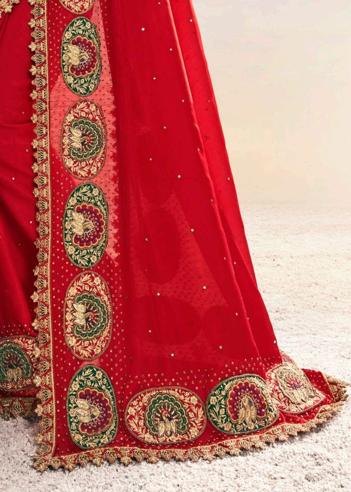 Red Pure Satin Saree with Jari, Moti, Cut-Dana and Crystal work | Stitched Blouse - qivii