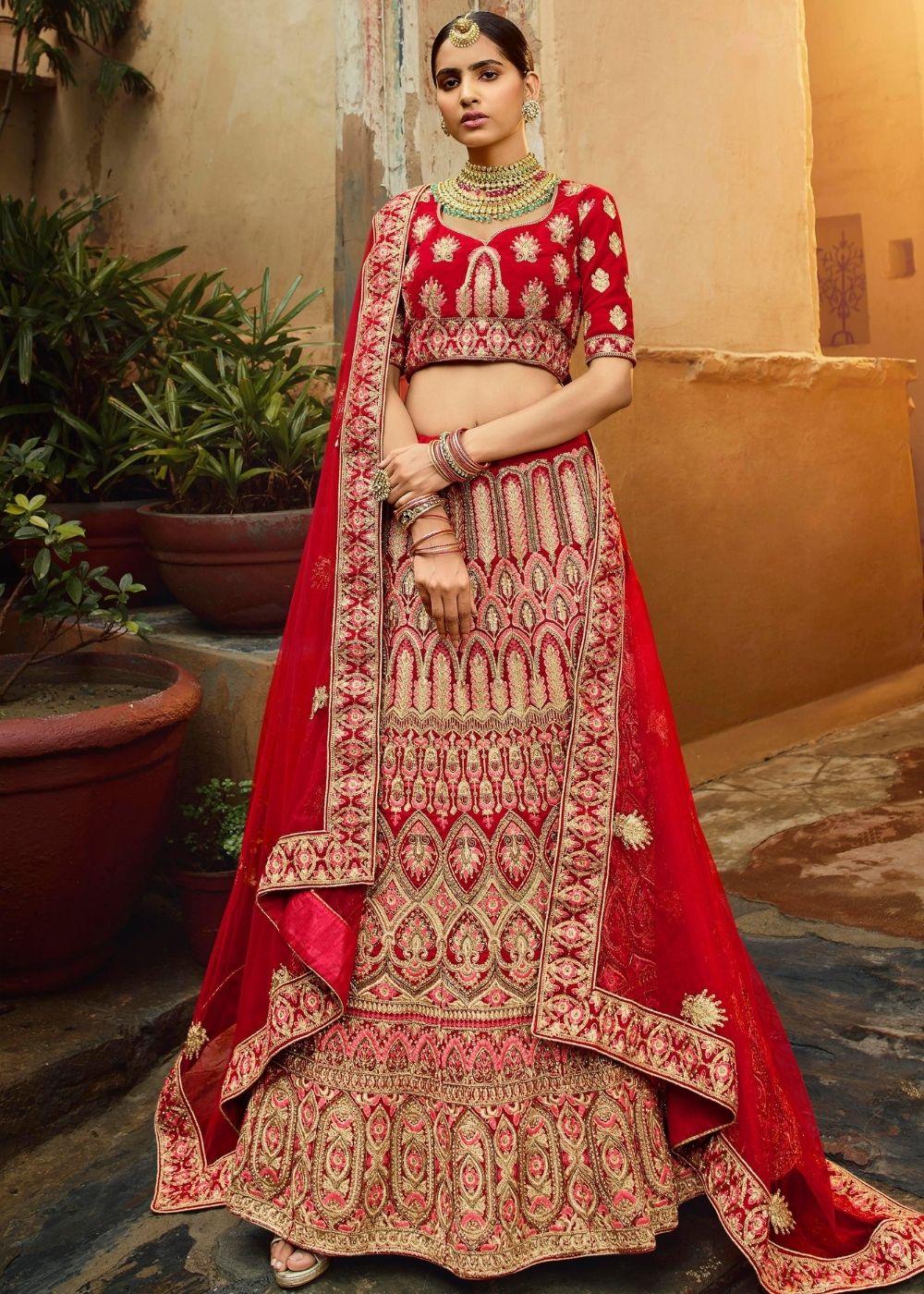 Red Pure Velvet Bridal Lehenga Choli with Zarkan, Dori, Zari,Thread and Beads work - qivii