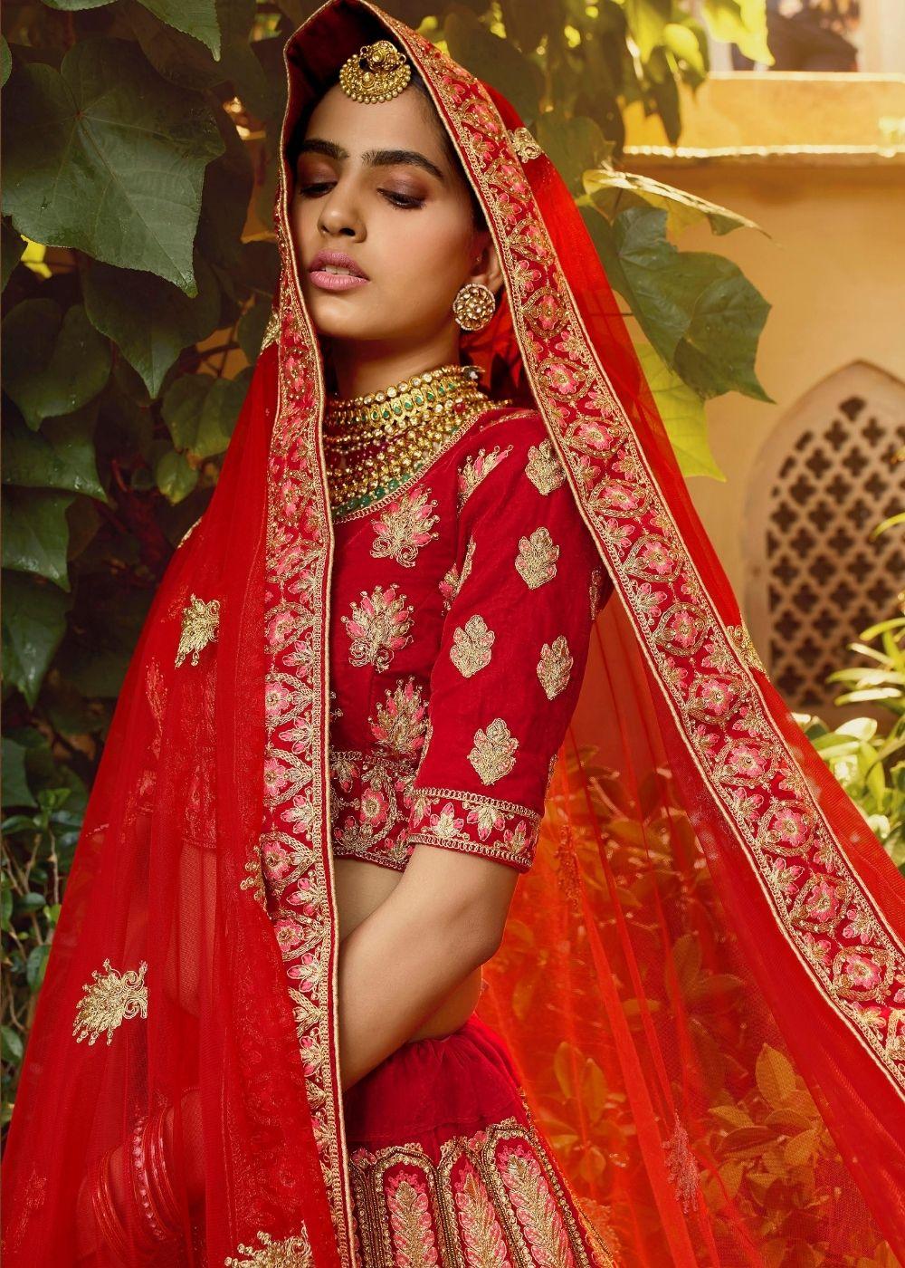 Red Pure Velvet Bridal Lehenga Choli with Zarkan, Dori, Zari,Thread and Beads work - qivii