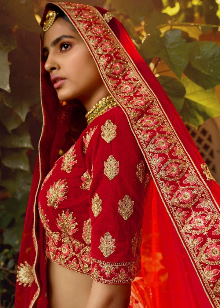 Red Pure Velvet Bridal Lehenga Choli with Zarkan, Dori, Zari,Thread and Beads work - qivii