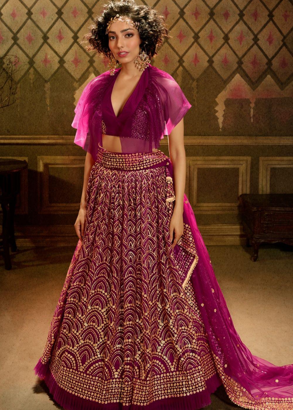 Red Violet Soft Net Designer Lehenga Choli with overall Sequins work - qivii