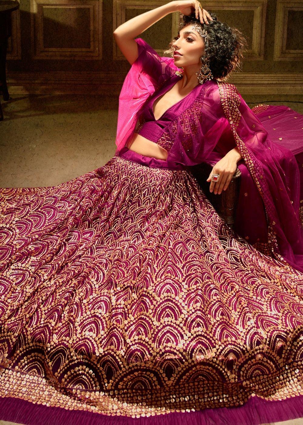 Red Violet Soft Net Designer Lehenga Choli with overall Sequins work - qivii