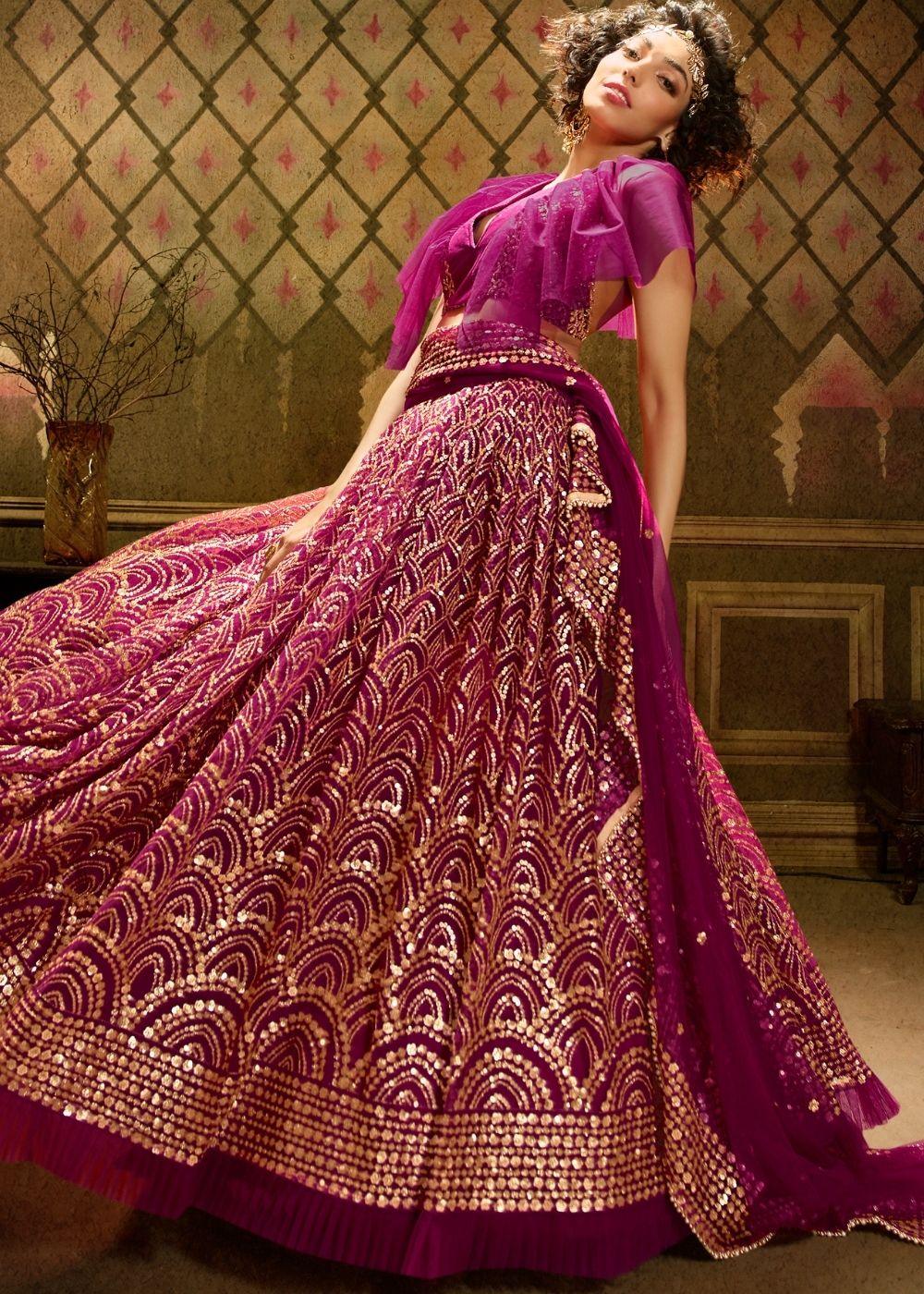 Red Violet Soft Net Designer Lehenga Choli with overall Sequins work - qivii