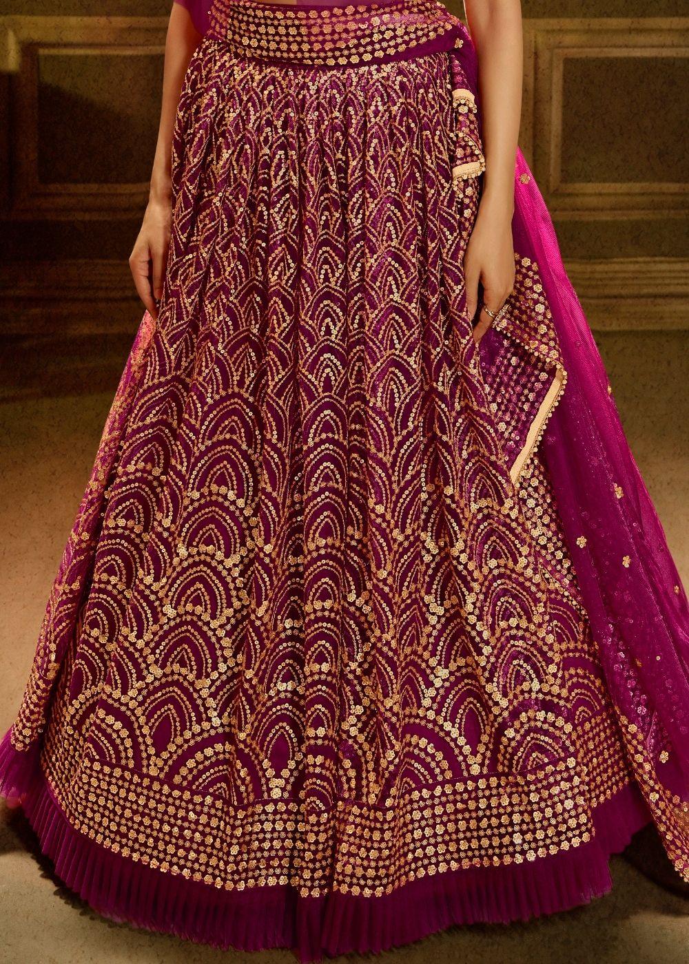 Red Violet Soft Net Designer Lehenga Choli with overall Sequins work - qivii