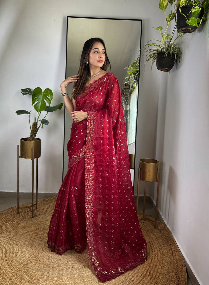 Red Soft Geemichu Silk Designer Embroidered sequence and thread work Saree