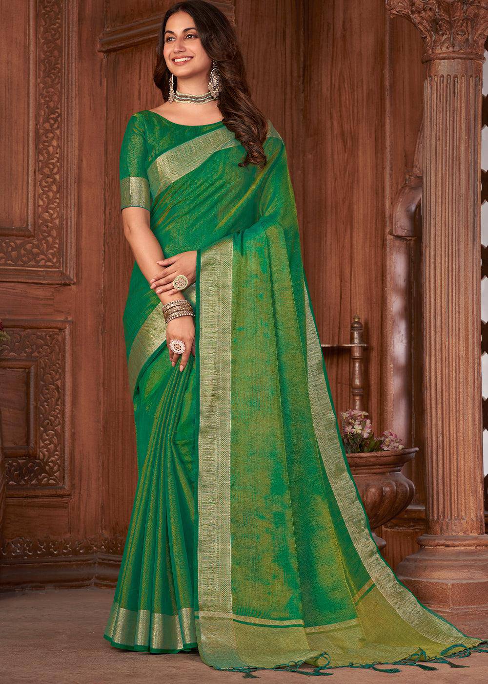 Revolution Green Zari Woven Tussar Silk Saree | Stitched Blouse - qivii