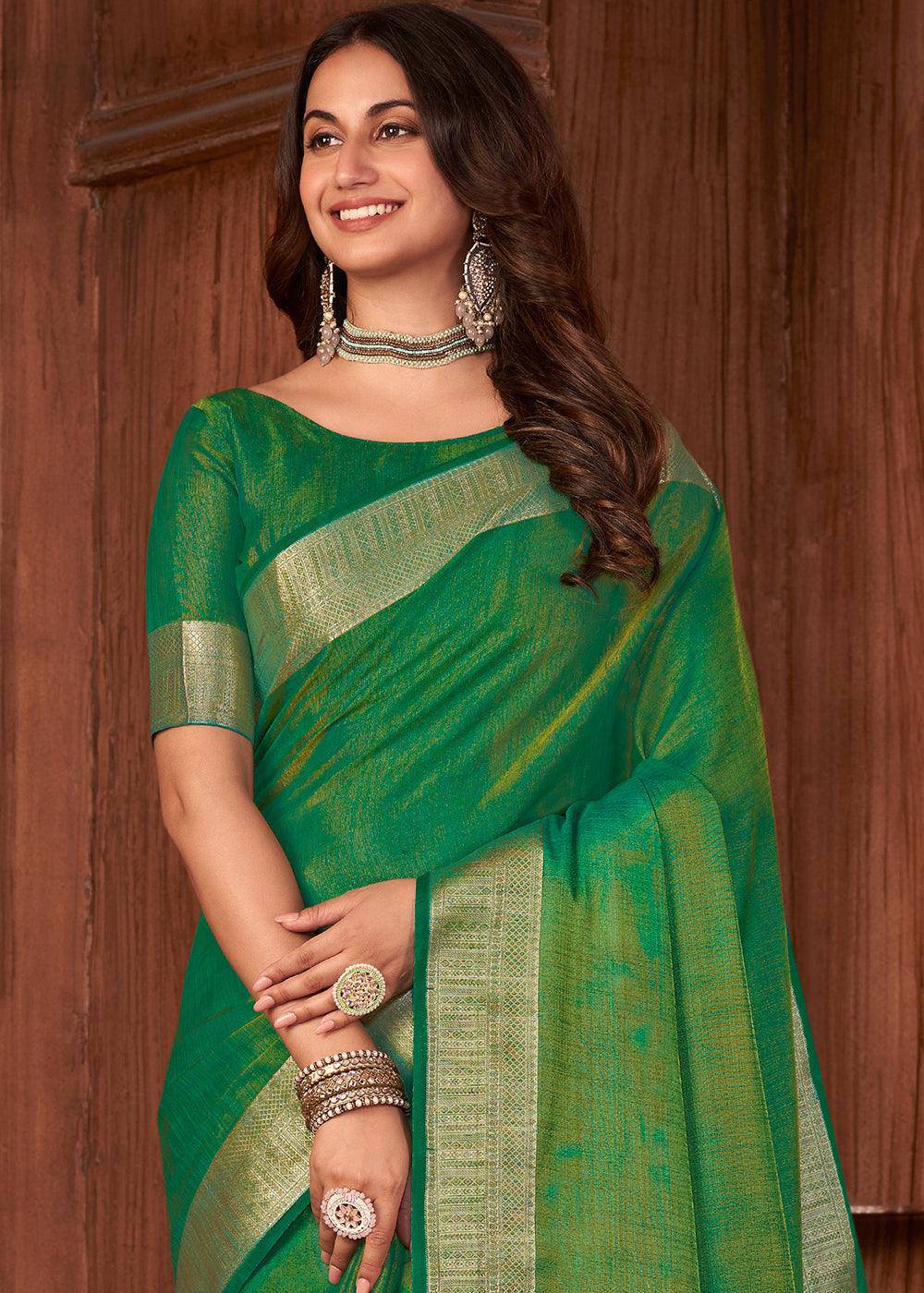 Revolution Green Zari Woven Tussar Silk Saree | Stitched Blouse - qivii