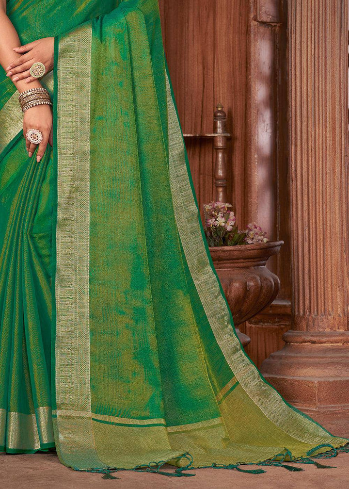 Revolution Green Zari Woven Tussar Silk Saree | Stitched Blouse - qivii