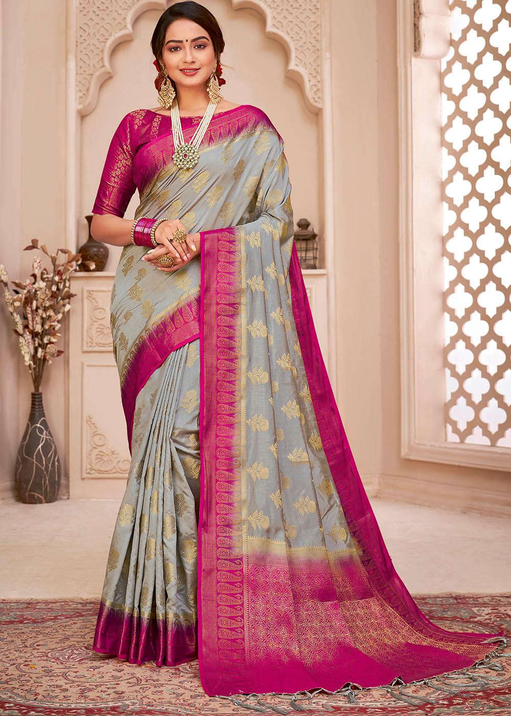 Rhino Grey Woven Banarasi Silk Saree with Overall Butti work | Stitched Blouse - qivii