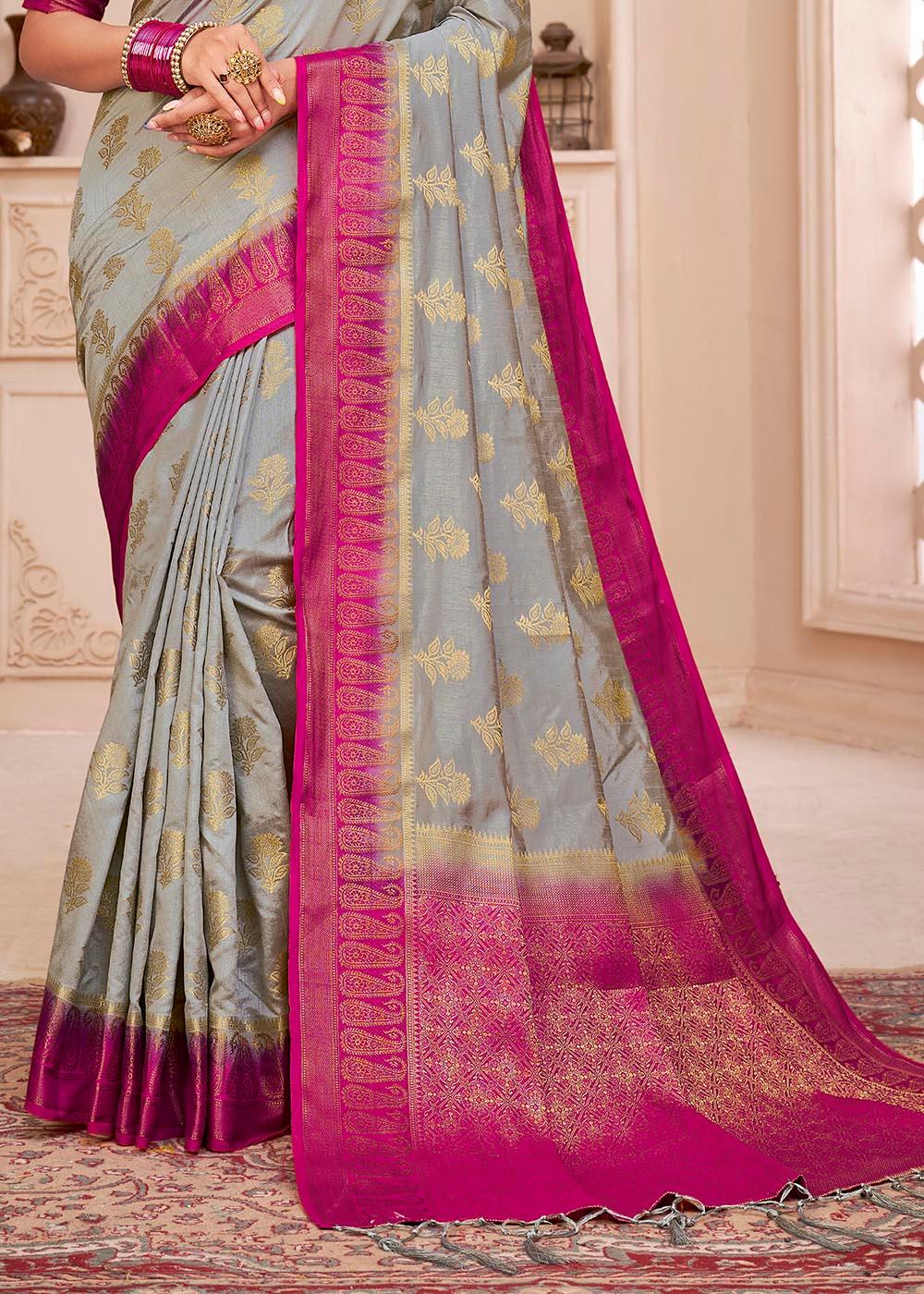 Rhino Grey Woven Banarasi Silk Saree with Overall Butti work | Stitched Blouse - qivii