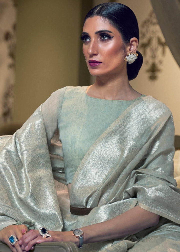 Rhino Grey Woven Linen Silk Saree | Stitched Blouse - qivii