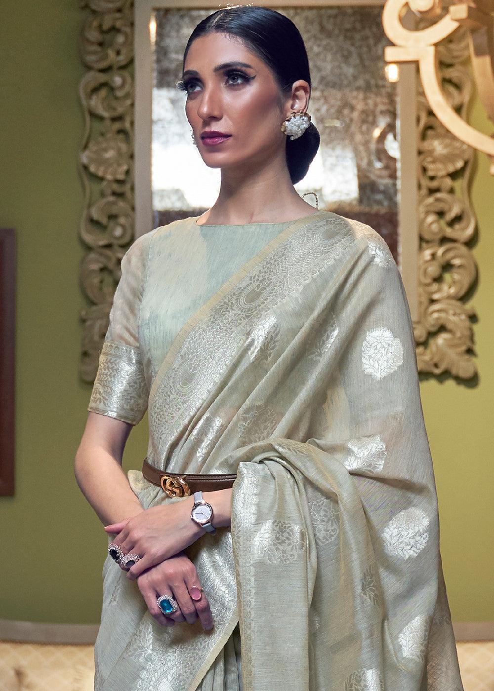 Rhino Grey Woven Linen Silk Saree | Stitched Blouse - qivii