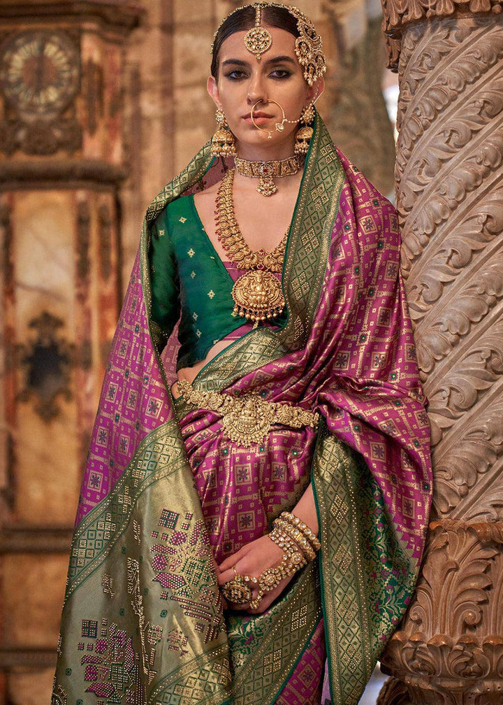 Rhubarb Purple Banarasi Jacquard Silk Saree with Swarvoski work | Stitched Blouse - qivii