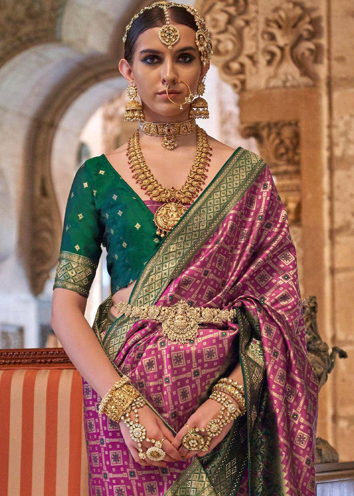 Rhubarb Purple Banarasi Jacquard Silk Saree with Swarvoski work | Stitched Blouse - qivii